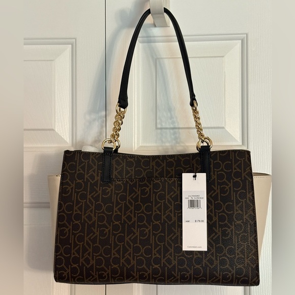 Calvin Klein Monogram Tote Brown and Cream with Gold Accents Classic NEW - Picture 2 of 6